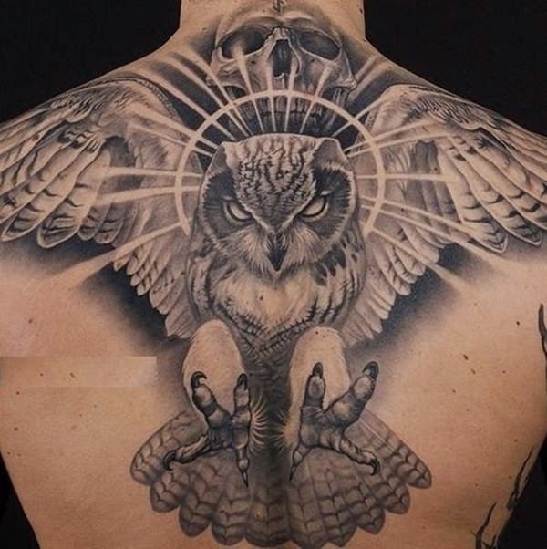 Grey ink realistic owl and skull tattoo on man full back