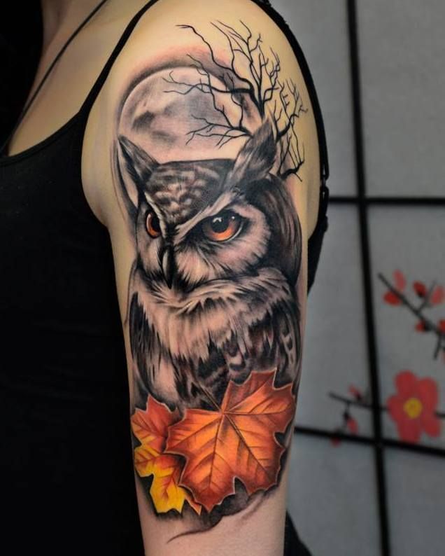 Grey ink realistic owl with orange leaves tattoo on girl half sleeve