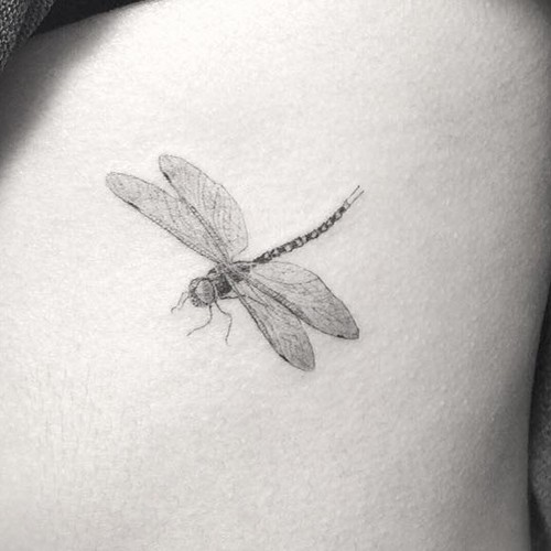Grey shaded 3d dragonfly tattoo on body