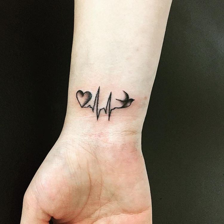 Grey shaded heart beat and heart tattoo on wrist