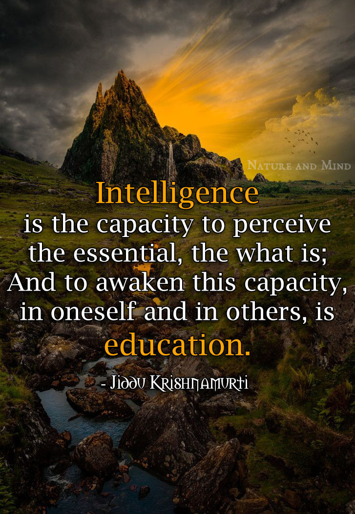 Intelligence is the capacity to perceive the essential, the what is and to awaken this capacity in oneself and in others is education. Jiddu Krishnamurti
