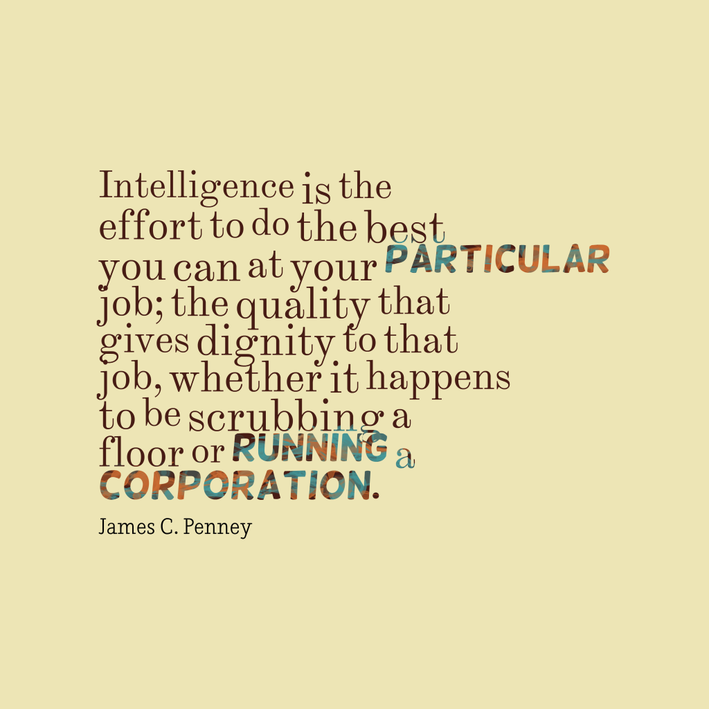 Intelligence is the effort to do the best you can at your particular job; the quality that gives dignity to that job, whether it happens to be scrubbing a floor or running a corporation. James C. Penney