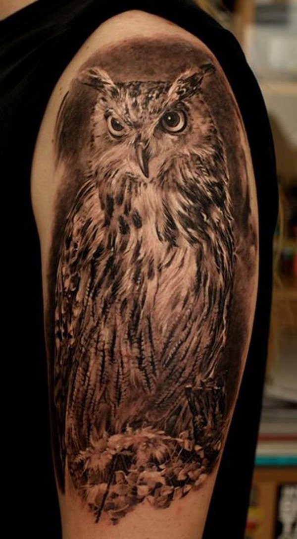 Magnificent grey ink realistic owl tattoo on half sleeve