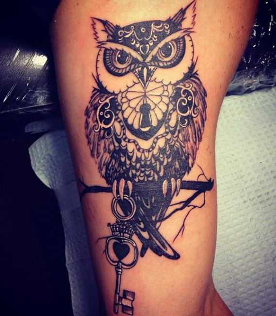 Owl With Lock and Key Tattoo On Thigh For Women