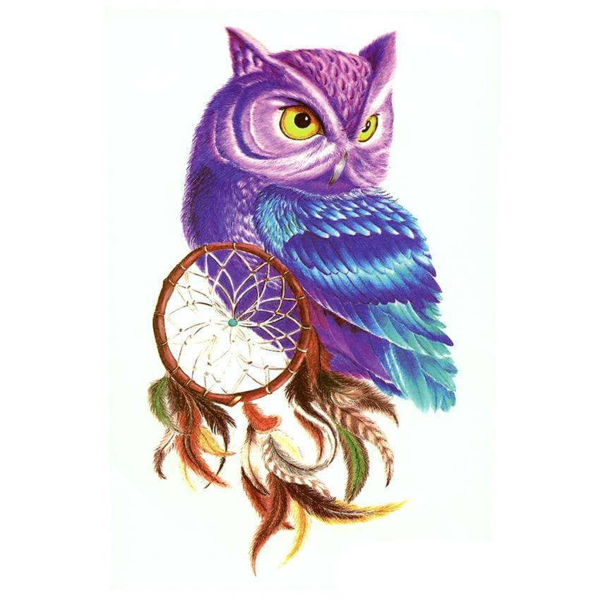 Purple and blue owl with dreamcatcher tattoo design