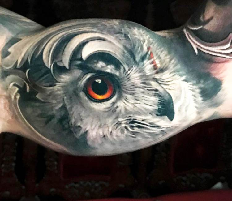 Realistic Owl eye tattoo on male bicep by Arlo Tattoos