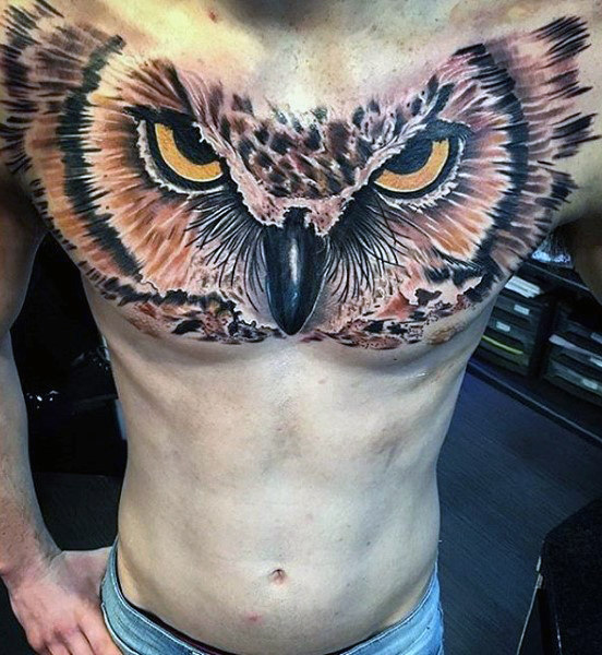Wonderful full chest owl tattoo for men