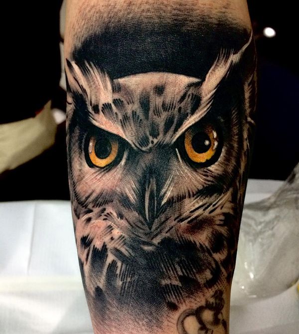 Yellow Eyed Realistic Owl Tattoo On Arm