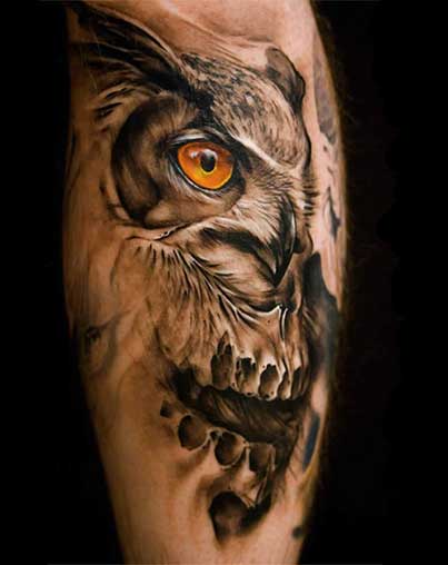 Yellow eyed realistic owl tattoo for men