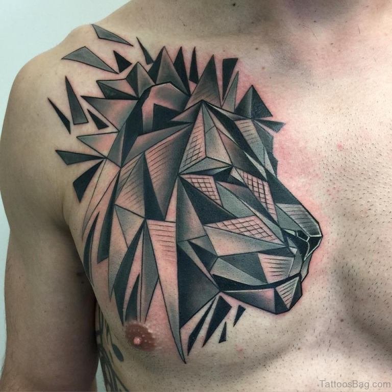 Abstract geometric lion tattoo on right upper chest for men
