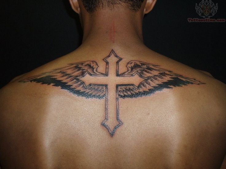 Black and grey shaded cross wings tattoo on upper mid back for men