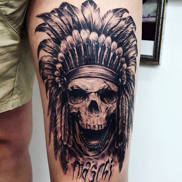 Black and grey shaded tribal skull tattoo on sleeve for men