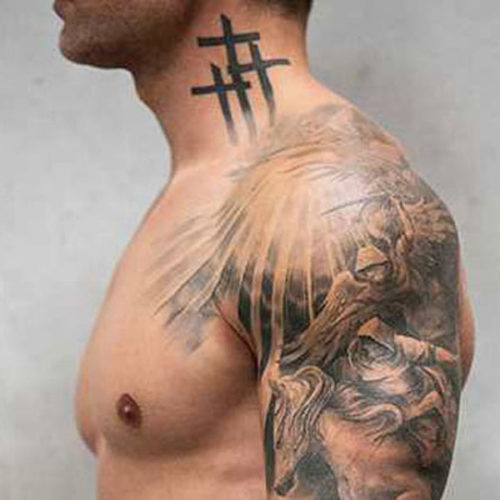 Black bold crosses tattoo on left neck for men
