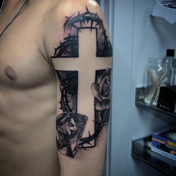 Black shaded cross with rose, diamond and barbed wire tattoo for men half sleeve