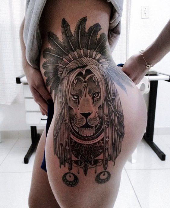 Black traditional tiger tattoo on left body for women