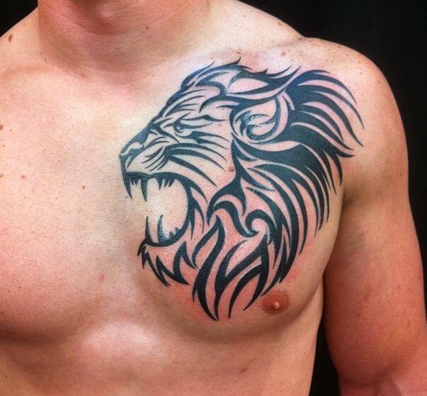 Black tribal lion tattoo on chest for men