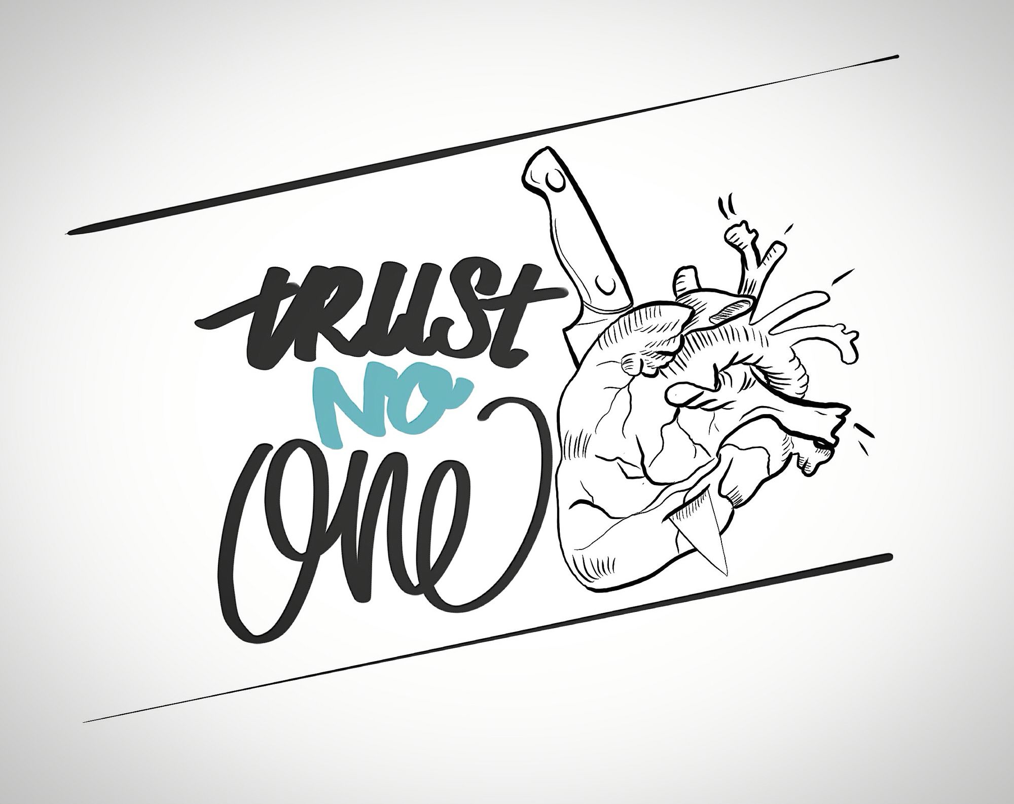 Blakc and blue heart with trust no one tattoo design