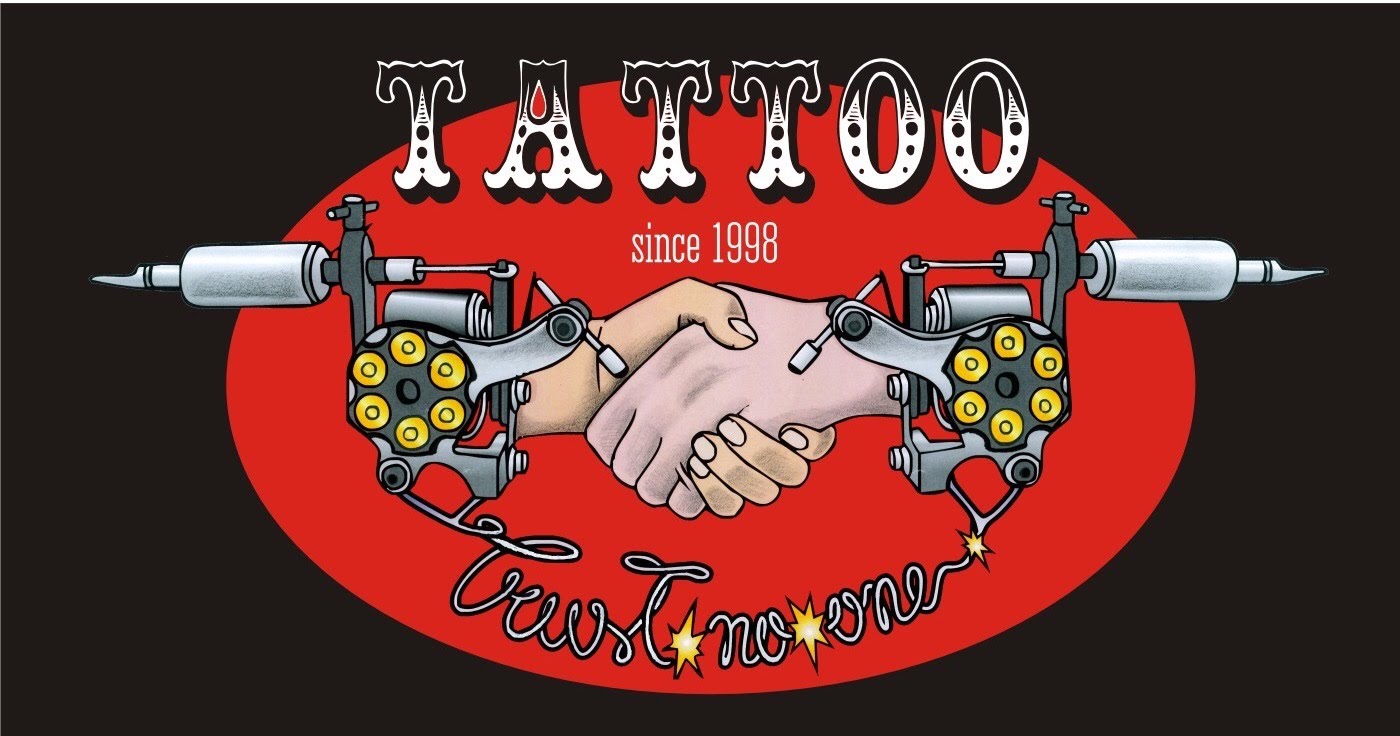 Colored guns shake hand trust no one tattoo design
