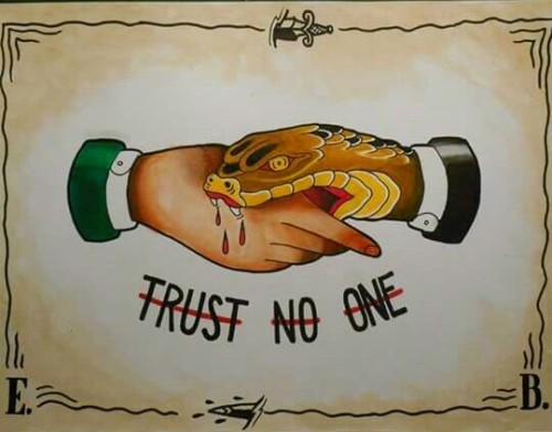 Colored snake shake hand trust no one tattoo design