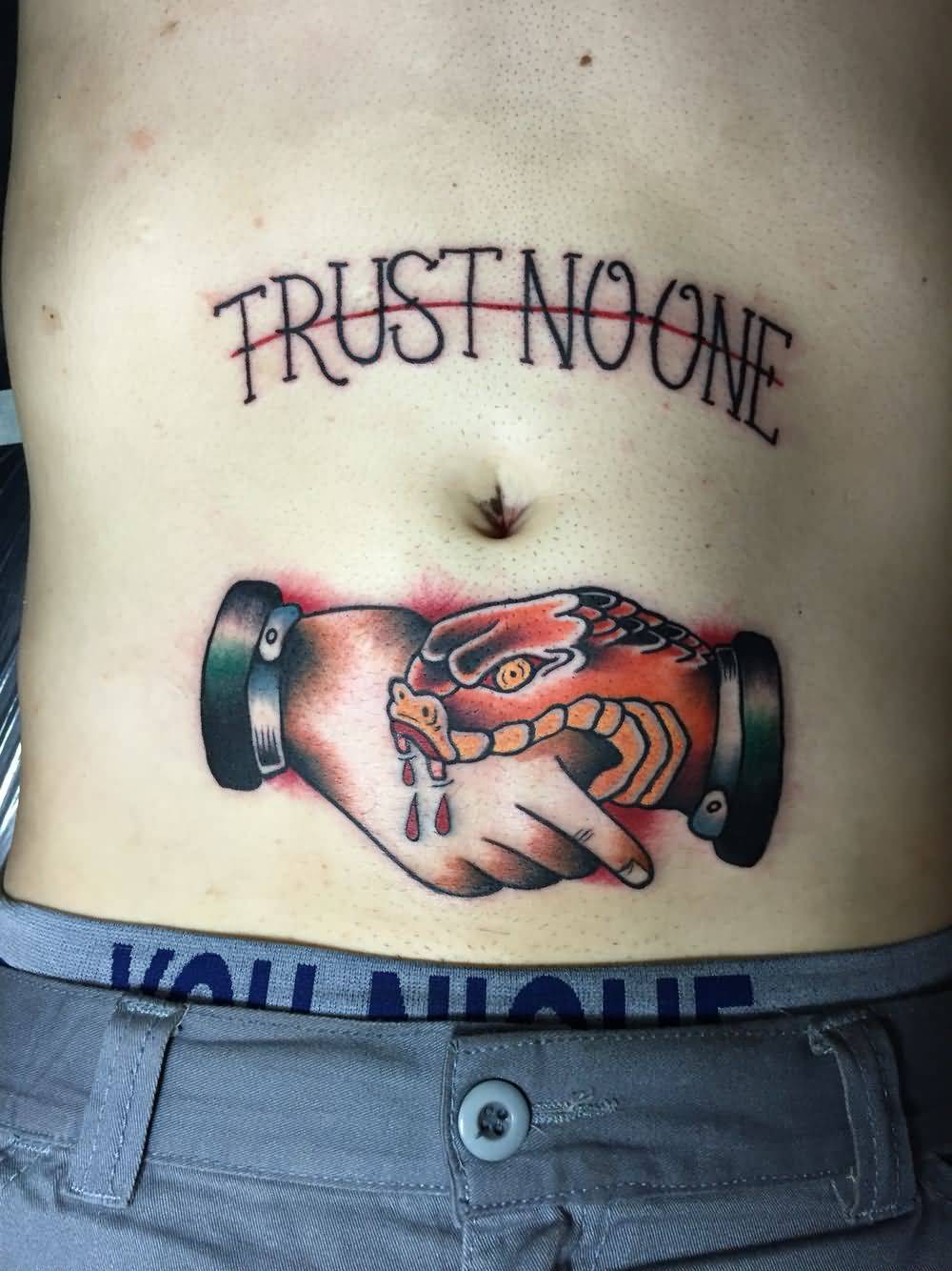 Colored snake shake hand trust no one tattoo on stomach