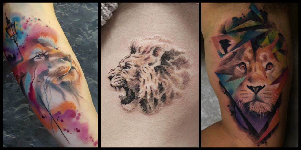Colored watercolor and grey lion tattoo designs on sleeve