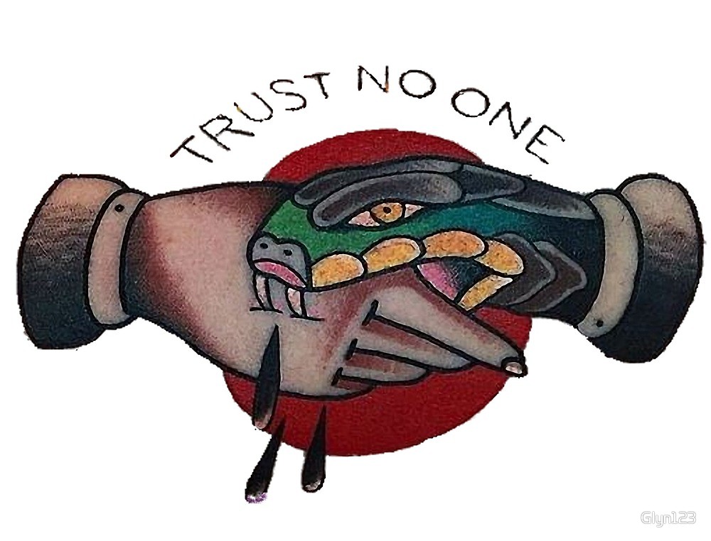 Colorful snake shake hand trust no one tattoo design