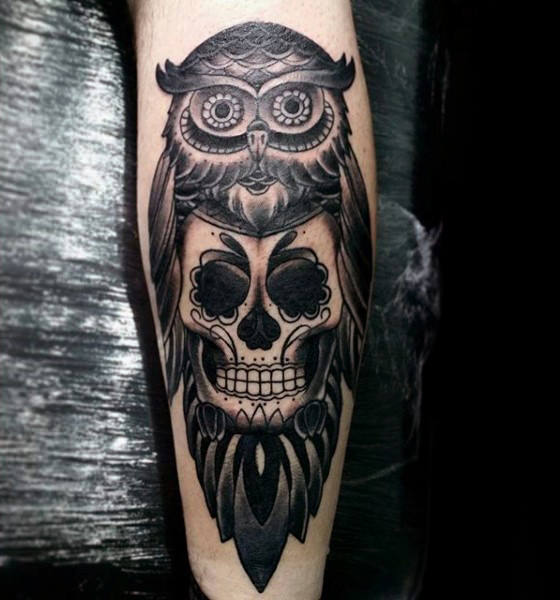 Feminine Owl and Skull Tattoo On Arm