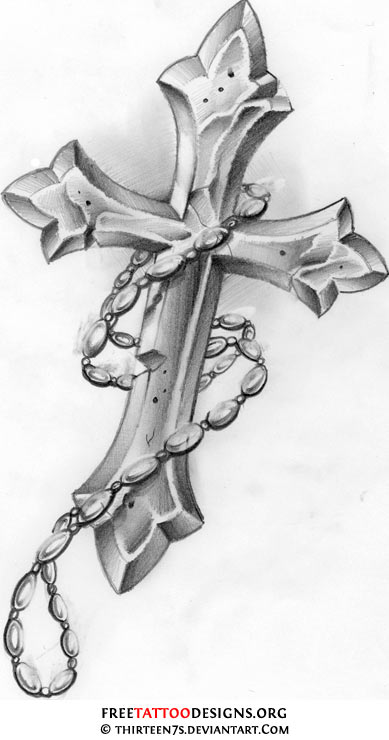 Grey 3D Rosary and Cross Tattoo Design