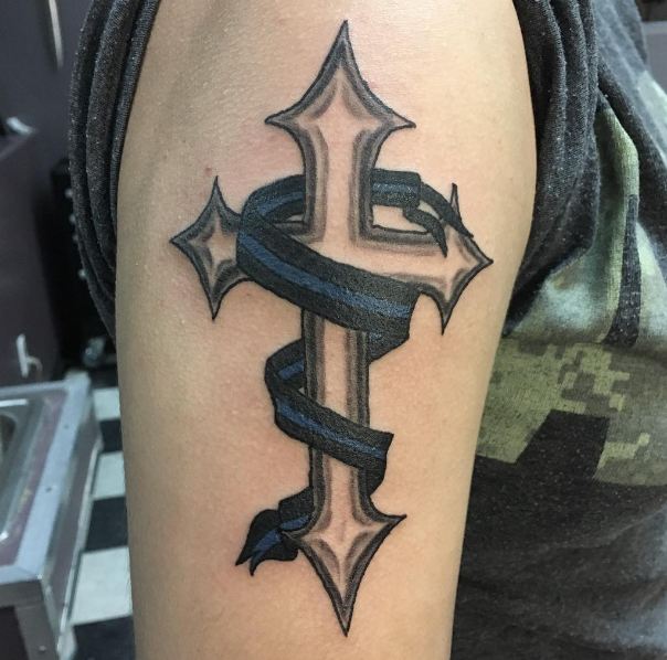 Grey Catholic Cross Tattoo on Men Sleeve