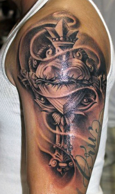 Grey shaded barbed wire and heart cross key tattoo on upper arm for men