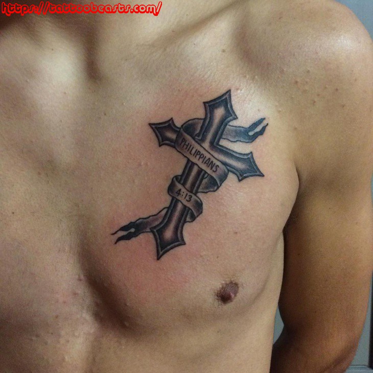 Grey shaded cross with message tattoo on upper right chest for men