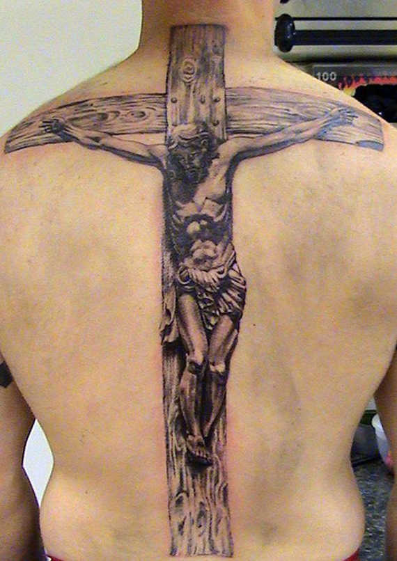Grey shaded crucifix tattoo on full back for men