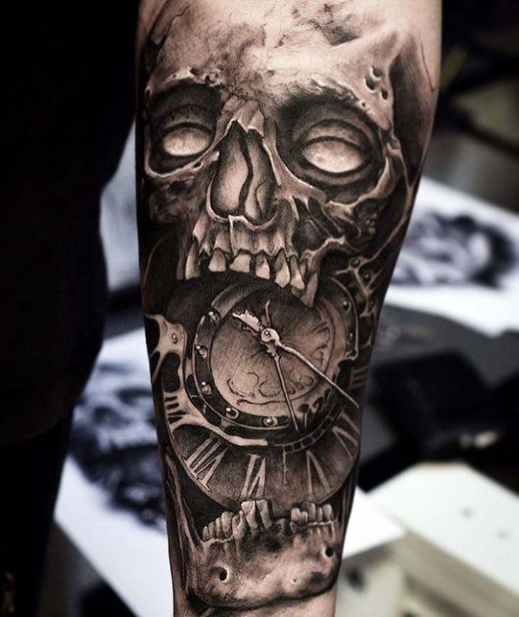 Grey shaded skull and clock tattoo on arm by mrkpajulen