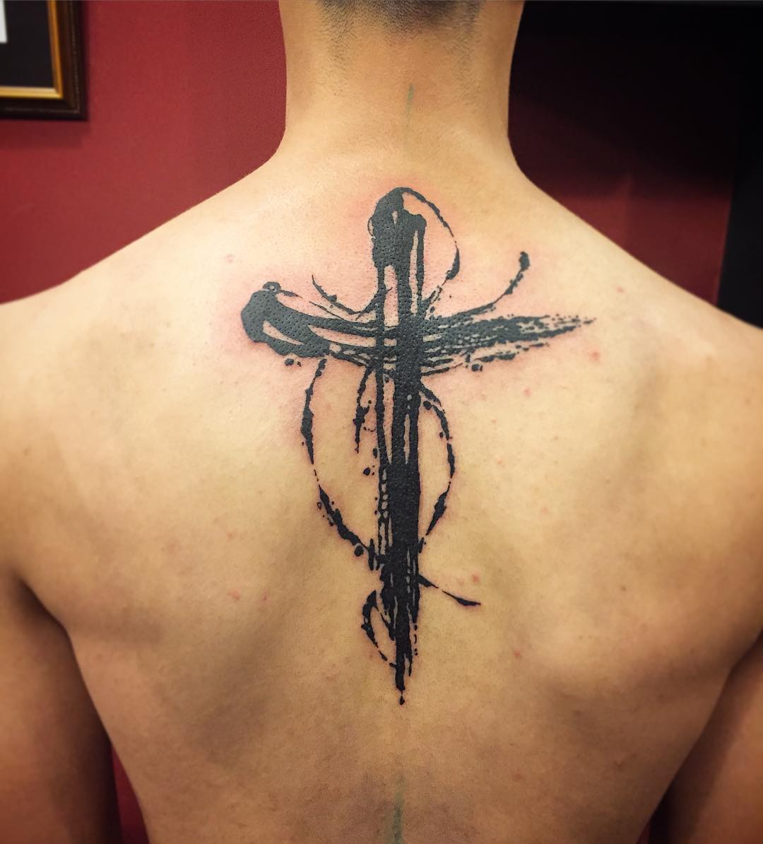 Men’s Back Black Ink Gorgeous Cross Tattoo