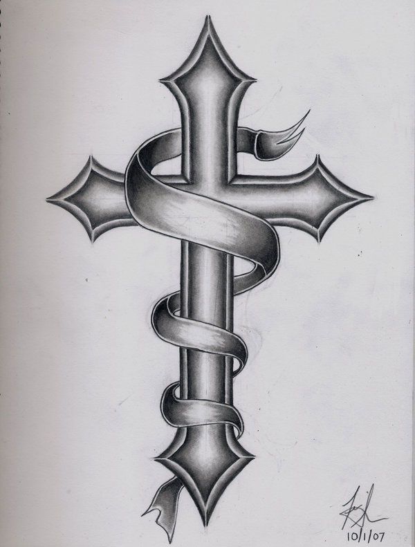 Monochrome cross with ribbon tattoo design