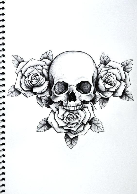 Black and white skull and roses tattoo design