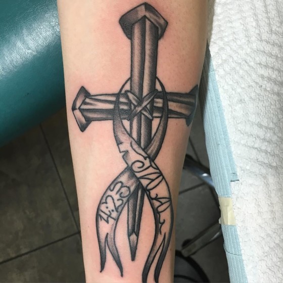 Trendy 3D Cross and ribbon Tattoo for men forearm