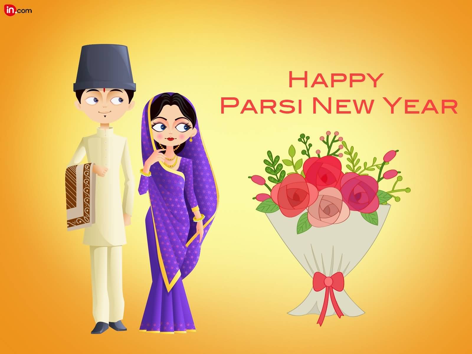 happy Parsi new year parsi couple with flowers