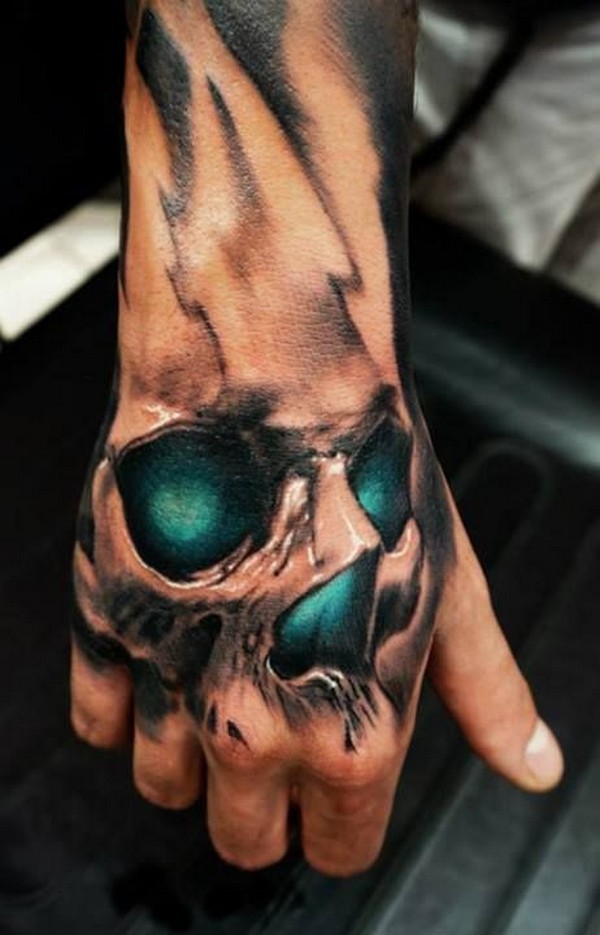 Black and green skull eyes and nose tattoo on upper right hand