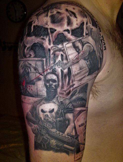 Black and grey shaded man and punisher skull tattoo on upper right half sleeve for men