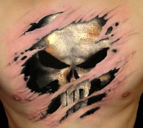 Black and white punisher skin tear tattoo on mid chest for men