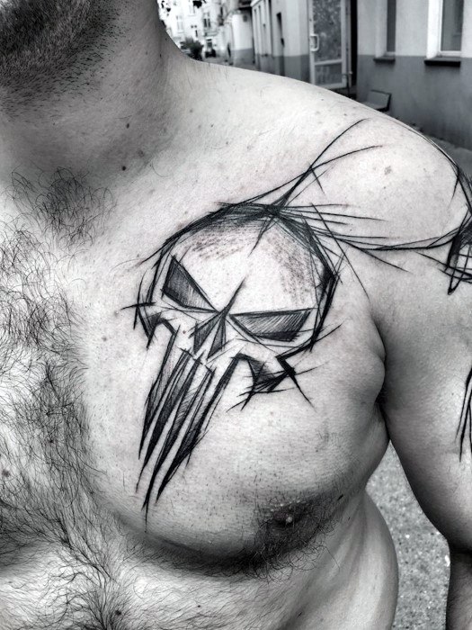 Black sketched punisher skull tattoo on left upper chest for men