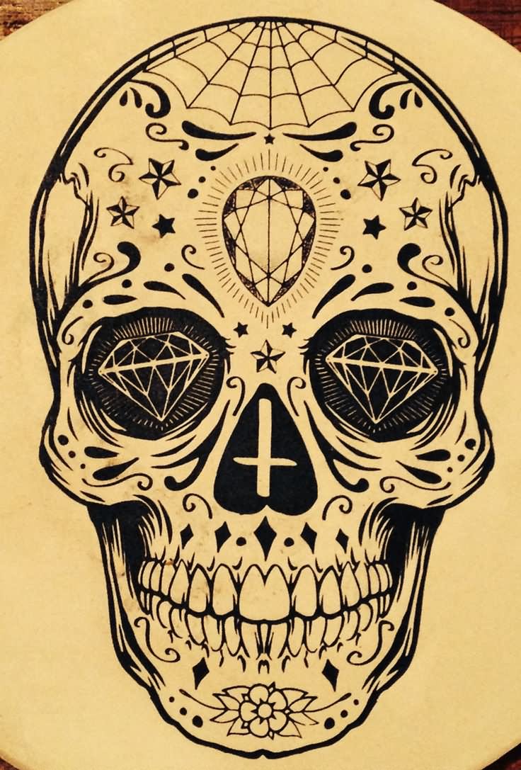 Black sugar skull tattoo design on body