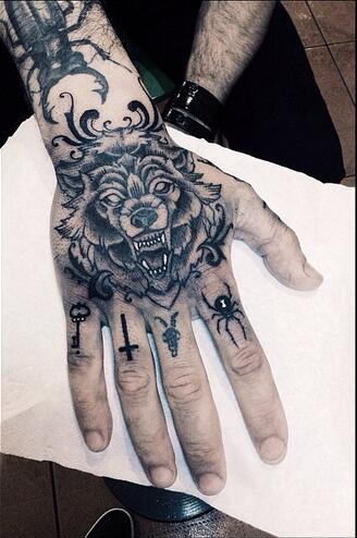 Black wolf tattoo on right upper hand