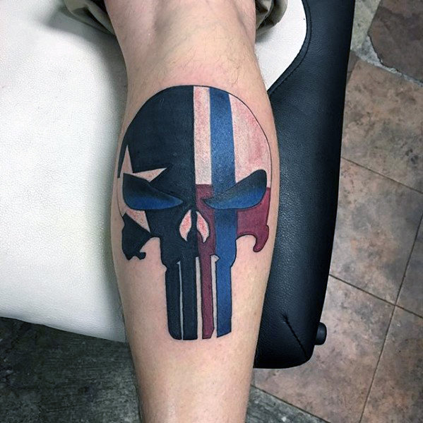 Blue and red line punisher skull tattoo on calf for men