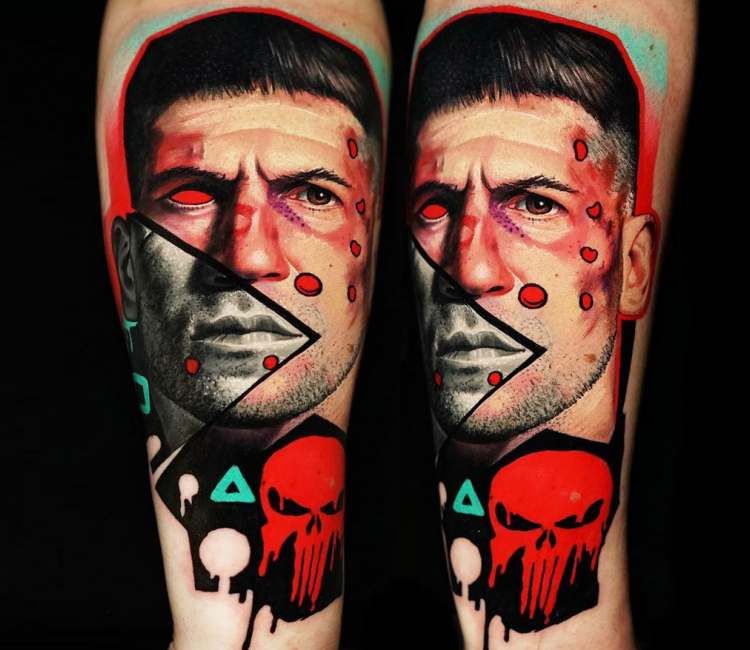Colored punisher skull and man tattoo on sleeve by Dave Paulo