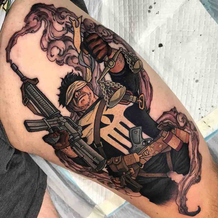 Colored punisher tattoo on left thigh by Crispy Lennox