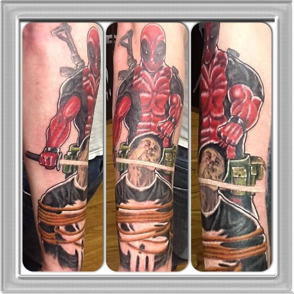 Colored spiderman and punisher tattoo sleeve for men