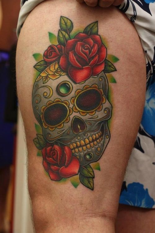 Colored sugar skull with roses on body