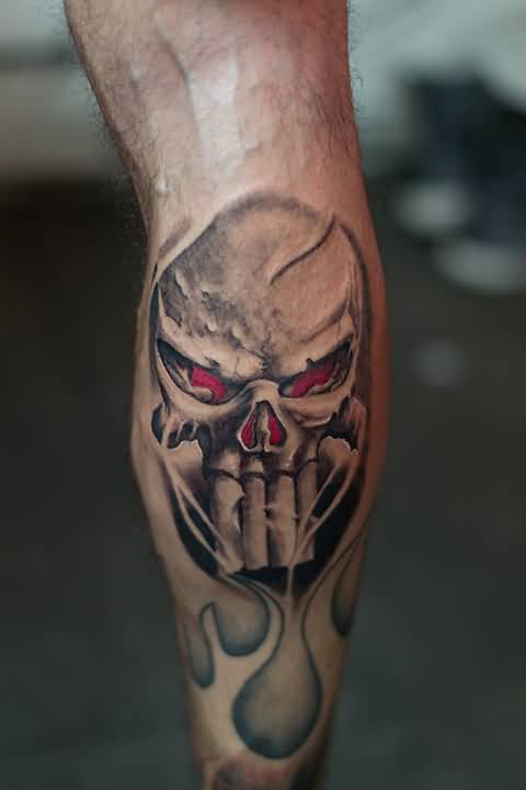 Grey and red punisher tattoo on forearm for men by Acrowley